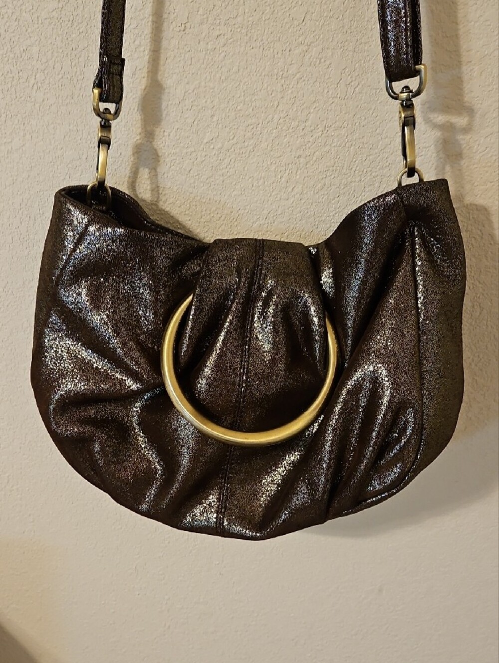 Hobo Metallic Brown Leather Hobo Bag with Brass Accents and Detachable Strap. - Picture 2 of 9